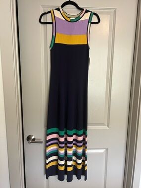 Sleeveless Navy Maxi Dress with Pastel & Gold Stripe Accents